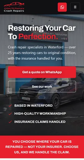 The Aidan McNamara Crash Repairs homepage on a phone