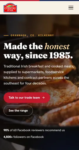 The Country Style Foods homepage on a phone